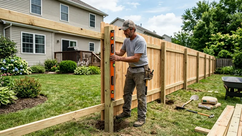Contractor measuring a wooden fence section
