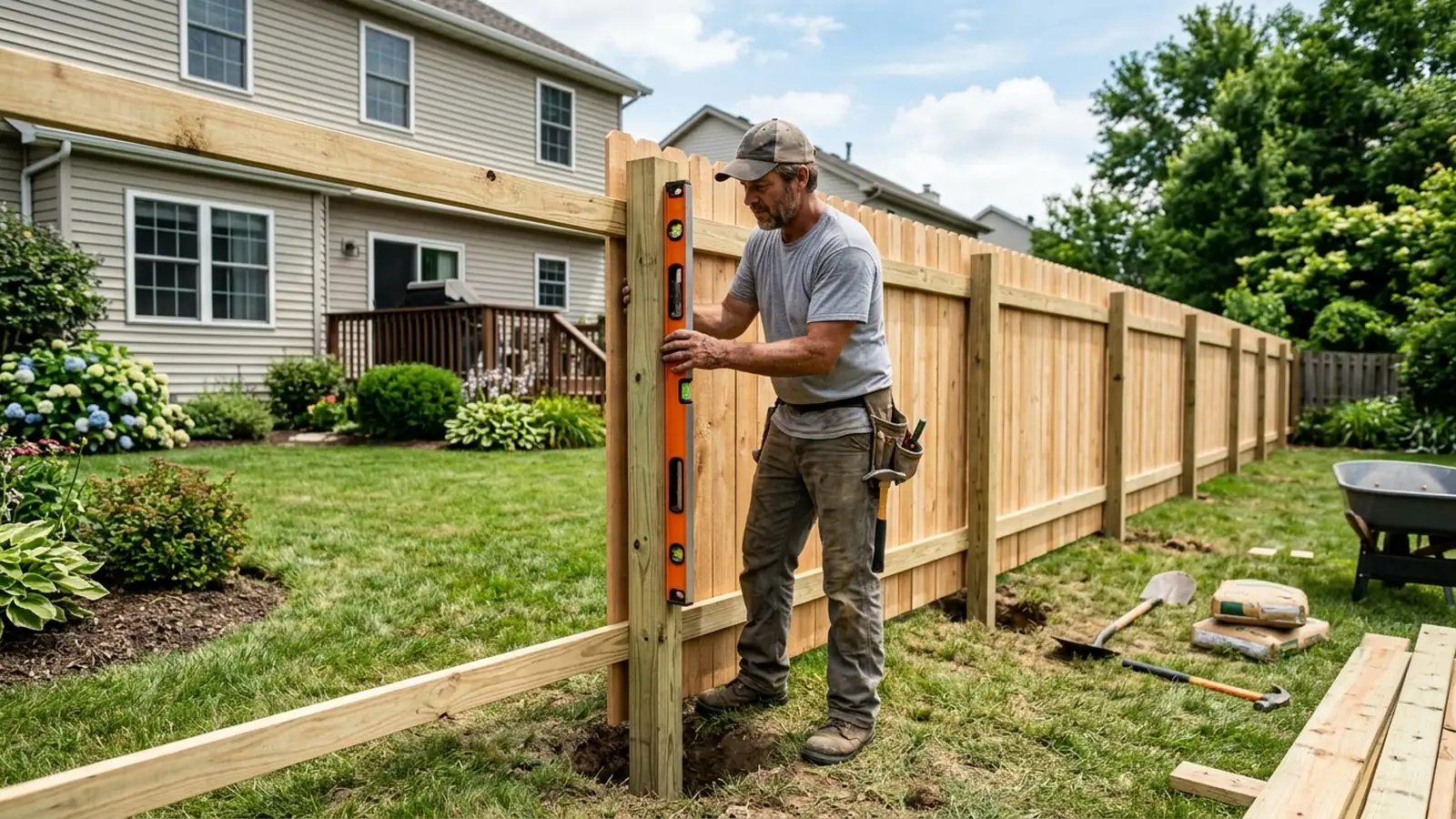 Fence contractor installing a wooden privacy fence