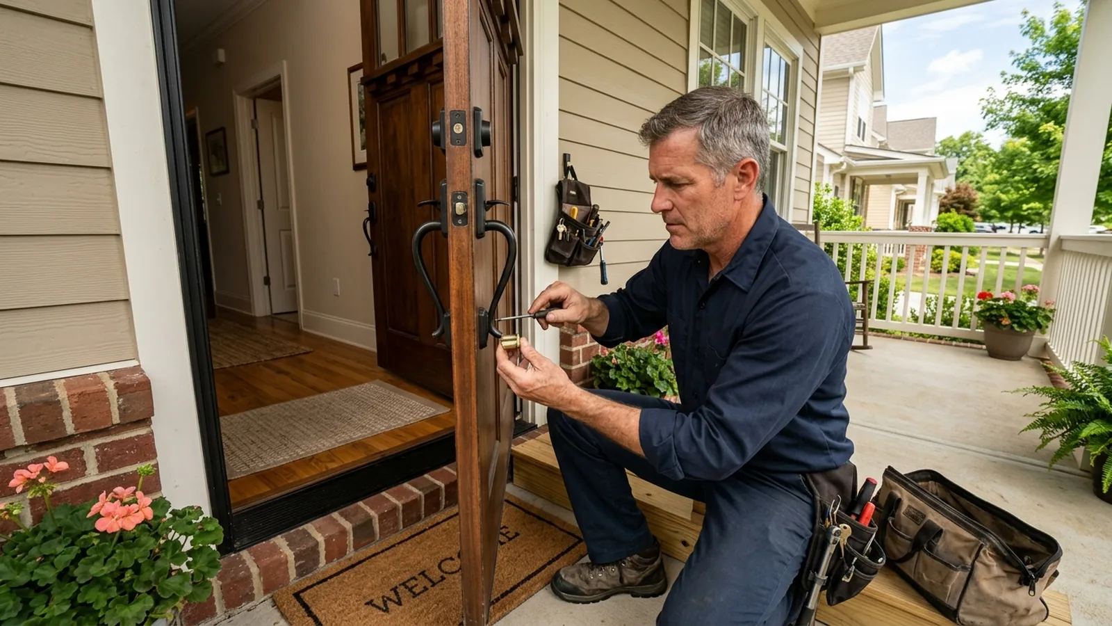 Locksmith replacing the lock cylinder on a front door