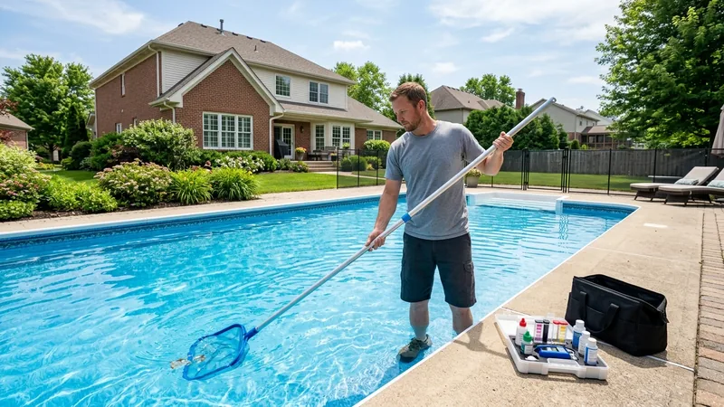 Clean pool with sun loungers on a sunny day