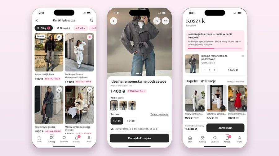Concept screens for a mobile clothing store app: catalogue, product page, cart