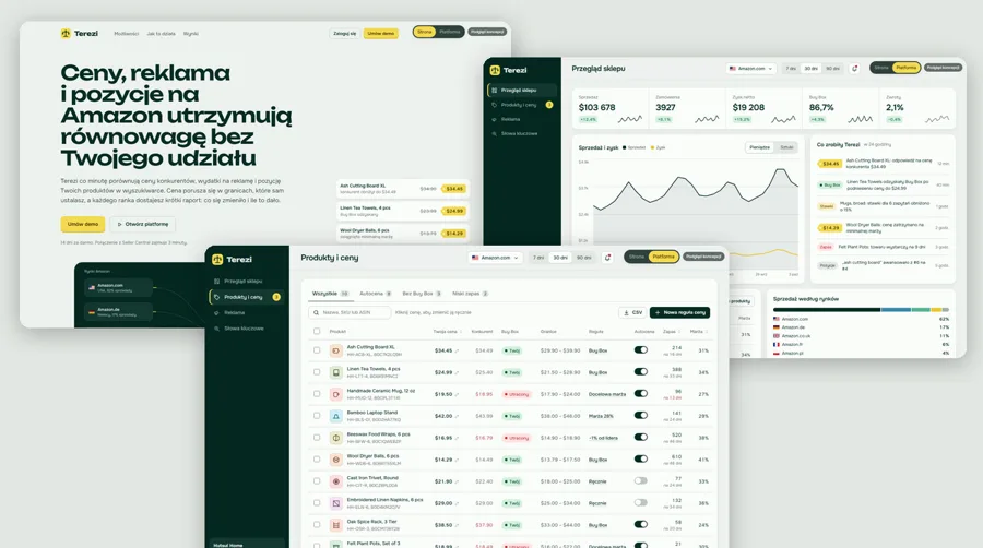 Concept screens for a SaaS platform for marketplace sellers: store overview, products and pricing, promotional page