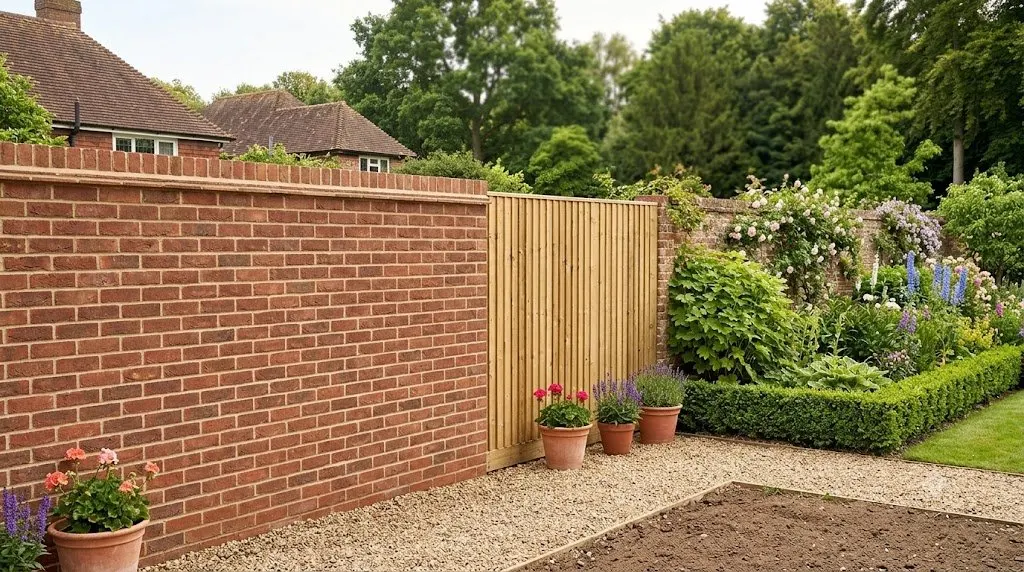 Brick wall next to new wooden fence