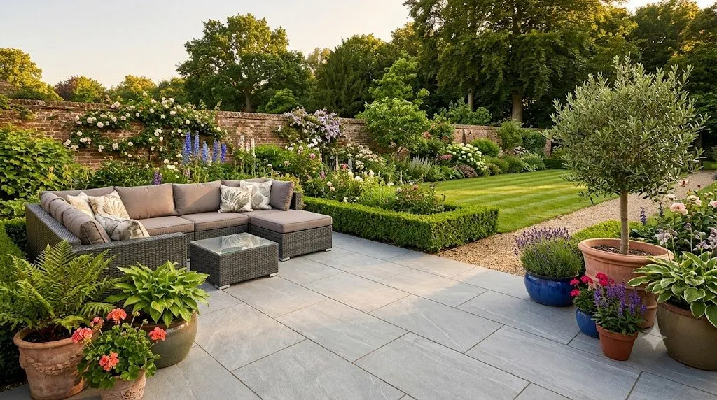 New patio with porcelain tiles and garden furniture